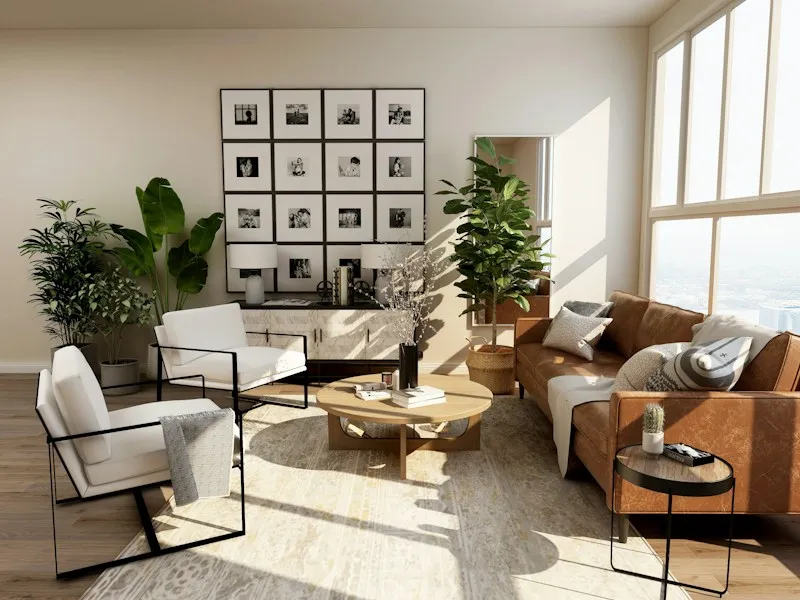 Lived-in family room with a comfortable sofa, soft throws and warm light